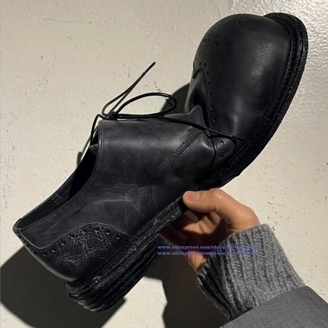 Oxford Shoes Brogue - Vintage Black Leather Brogue Lace-Up Oxfords